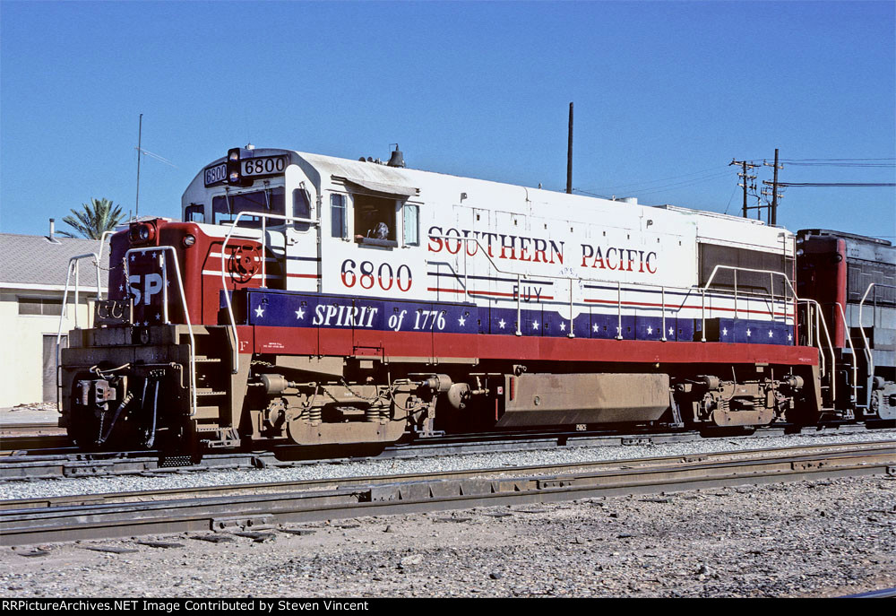 Southern Pacific U25B #6800 in Bicentennial paint.